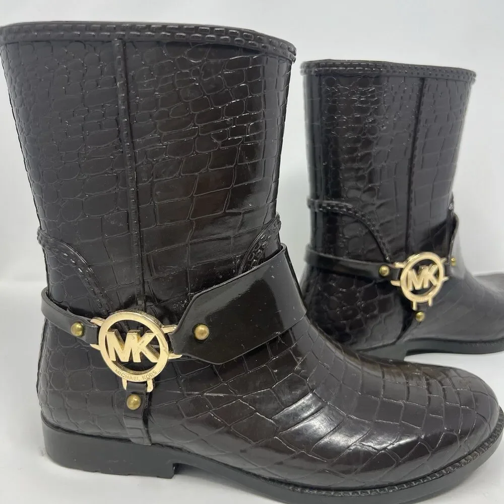 Michael Kors Rain Booties Dark Brown Croc Embossed Equestrian Rubber Rainboot S7
